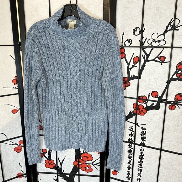 L.L. Bean Cable Knit Chunky Thick Fisherman Sweater Womens Size L Blue Mock Neck - Picture 1 of 5
